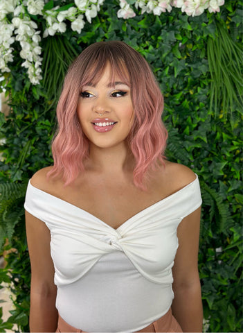 ZELA- Rooted Pink Short Wavy Synthetic Full Wig