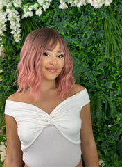 ZELA- Rooted Pink Short Wavy Synthetic Full Wig