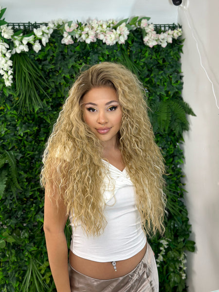CHYNA-Long Curly Rooted Blonde Lace Frontal Synthetic Wig