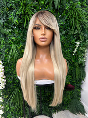 NIKKI-Long Rooted Light Blonde Synthetic Lace Front Wig | Fringe | Bangs