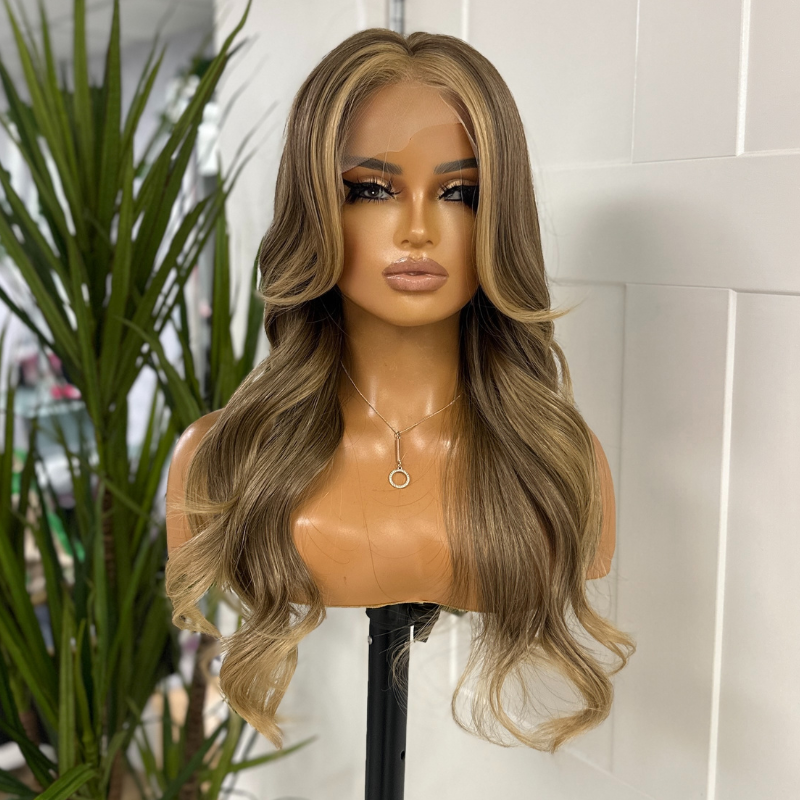 Dark Caramel Brown Lace Front Wig with Caramel Blonde Face-Framing Highlights-Kerry/25