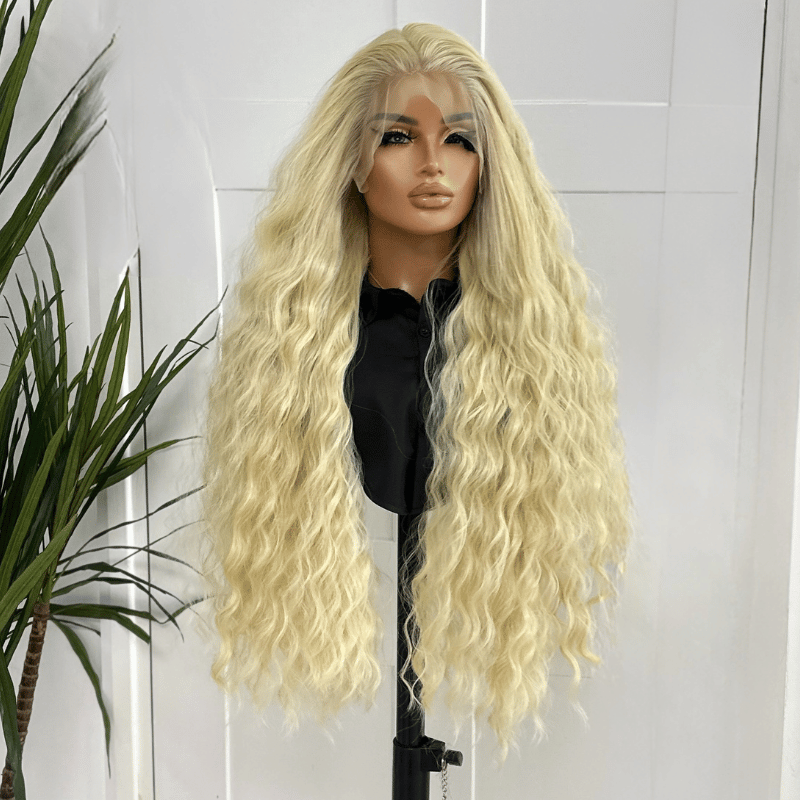 Long Bleach Blonde Loose Wave Lace Front Wig | 26 Inch Synthetic Heat Safe Wig-Aurora - estellewigsandmore.co.uk SYNTHETIC WIG