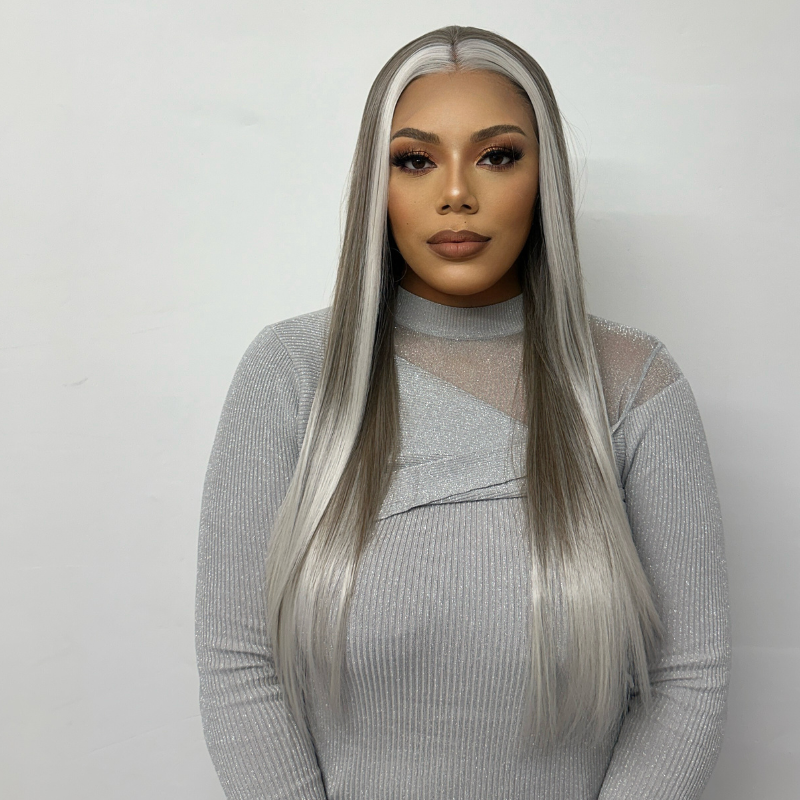 MISTY-Long Ombre Platinum Blonde Straight Synthetic  Lace Front Wig