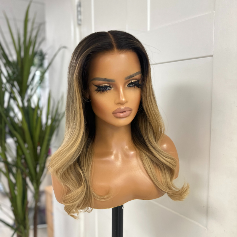 16 inches Rooted Brown/Blonde  Human Hair HD Lace Front Wig-ENI