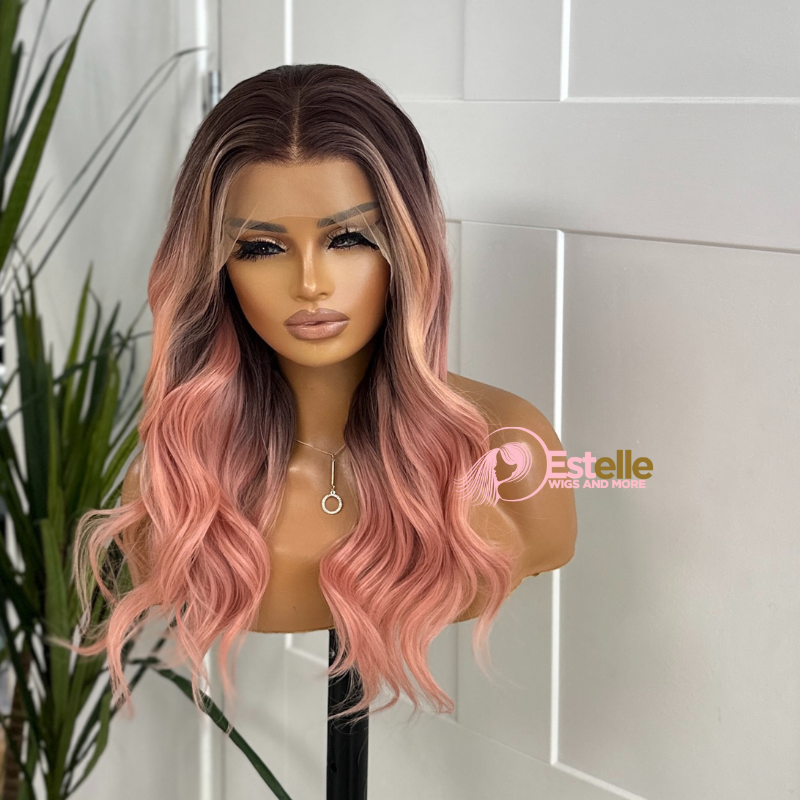 Rooted Peach Pink Wavy Synthetic Lace Front Wig-FLEUR