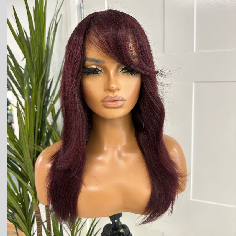 Dark Red  Mid Lenght Human Hair Mix Wig with Fringe-RYLEE