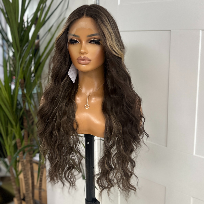 Long Beachwave Brunette Blonde Highlight Synthetic Lacefront Wig –Silvia04 - estellewigsandmore.co.uk