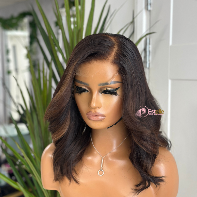 12''  Black/Brown / Highlights Human Hair Wig -OLA/02