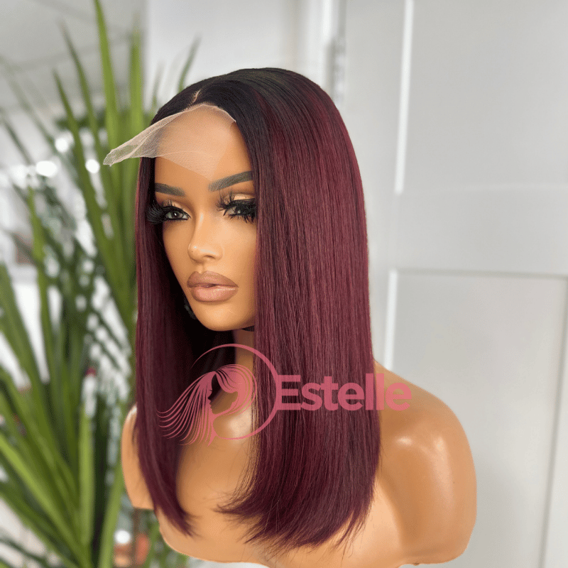 16'' Straight Rooted / Dark Red Human Hair Lob Wig -Candy