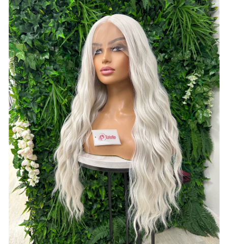 SIA-Long Wavy Platinum Blonde / Silver T Lace Front/Part Synthetic  Wig
